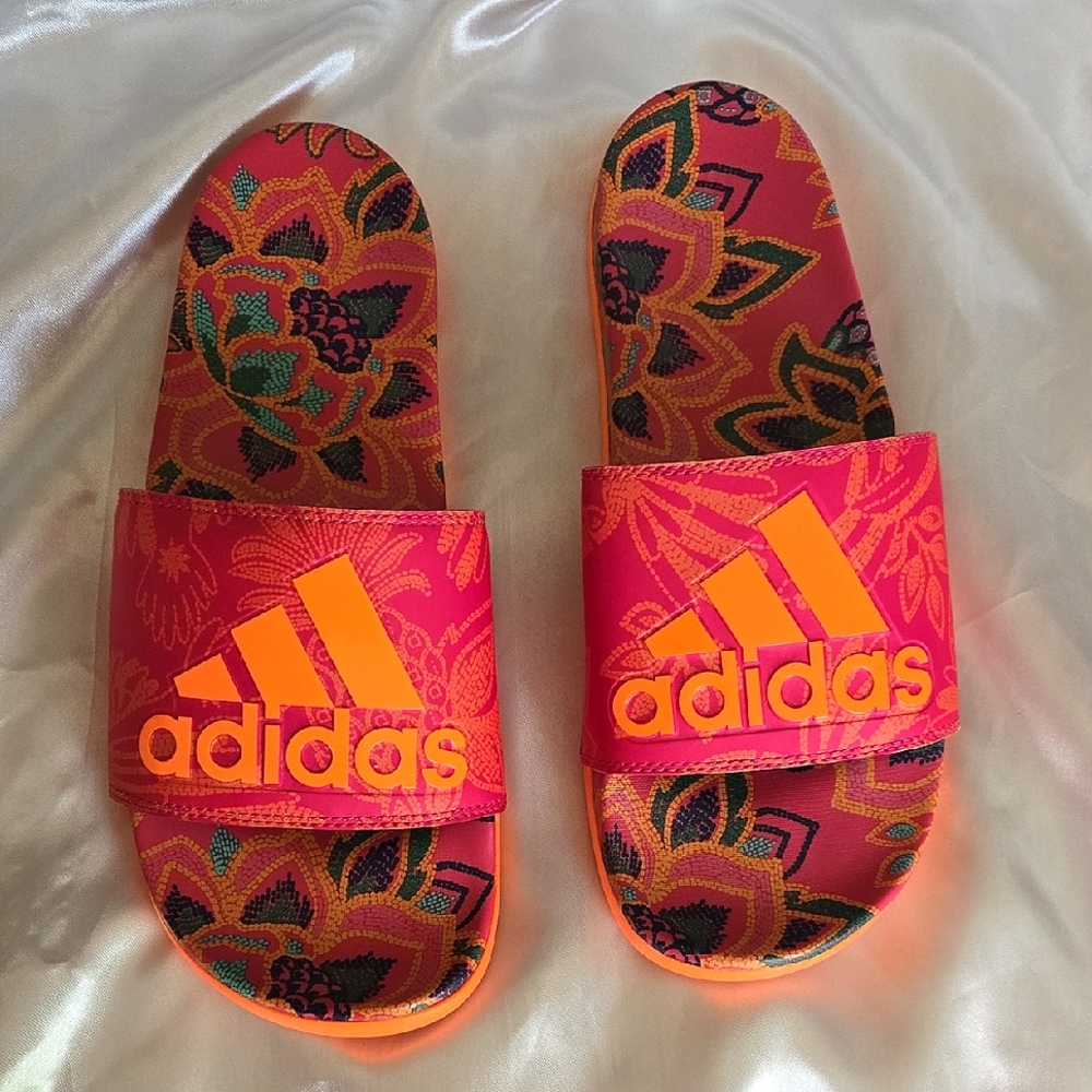 Adidas Vibrant Floral Slides in Orange and Pink